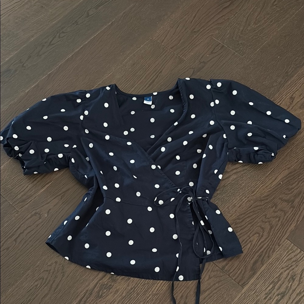 Old Navy Blue Peplum Blouse with Tie Front and Short Sleeves
